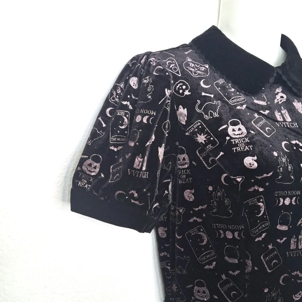 Collectif London Halloween Skater Dress Midi Sz S Velvet Novelty Print Pockets - Picture 5 of 16
